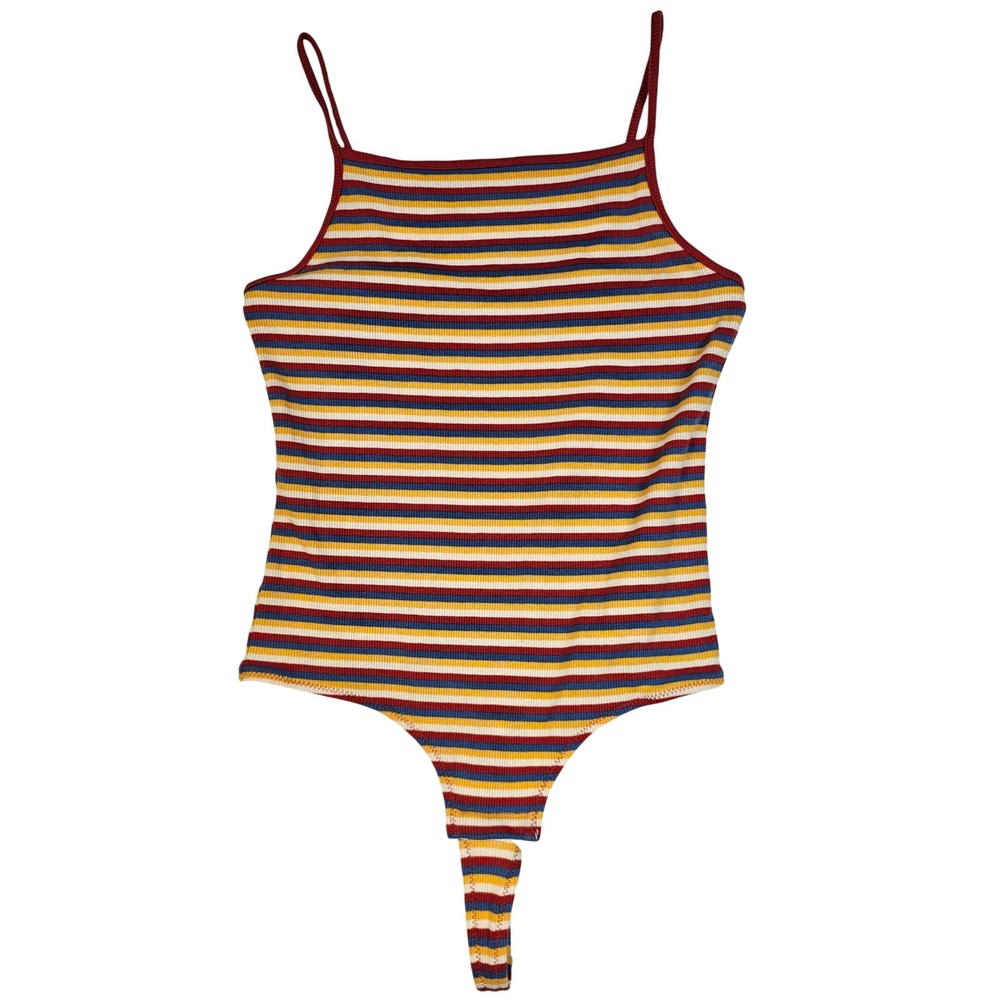 Madewell Womens Small Striped Ribbed Knit Spaghetti Strap Thong Bodysuit Multi